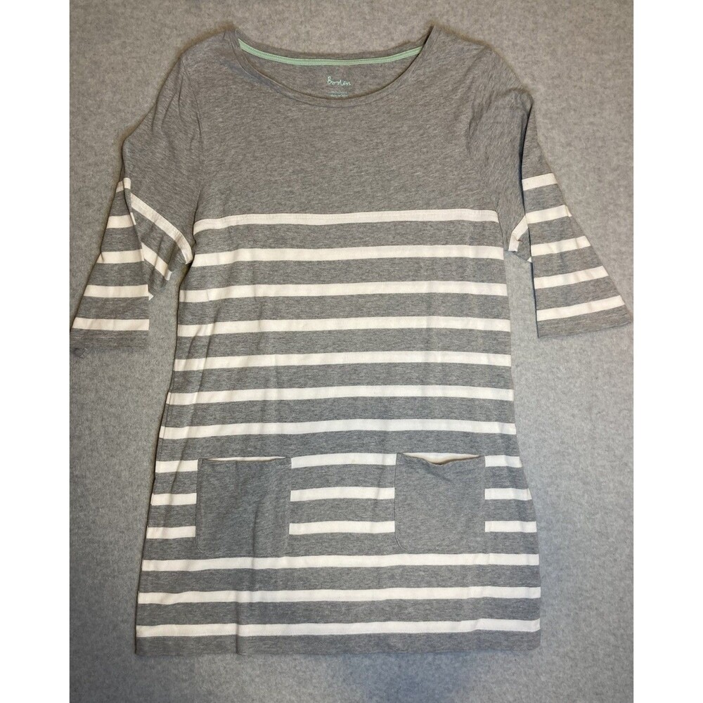 Boden Sz L Tunic Mini Dress Tshirt Gray Stripe 3/4 Sleeve Ringer Tee